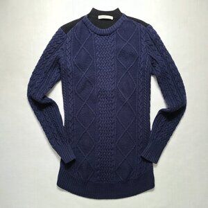 Sacai Luck Women Sz 3 Large 100% Wool Cable Knit Navy Sweater Unique 2-tone